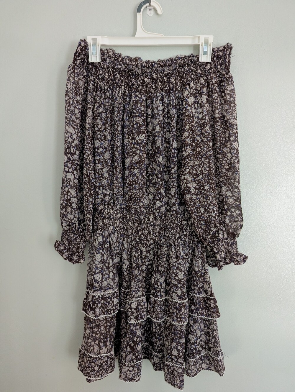 Poupette St Barth Floral Off-Shoulder Ruffle Mini Dress - Brown, 100% Silk